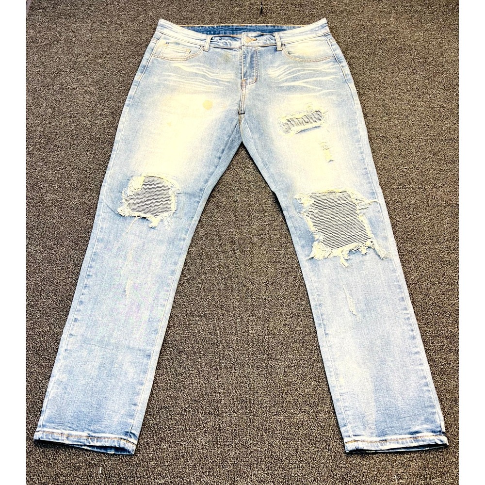 SAVAGE Biker Jeans Mens 36 x 31 Blue Light Wash Distressed Ripped Straight Leg